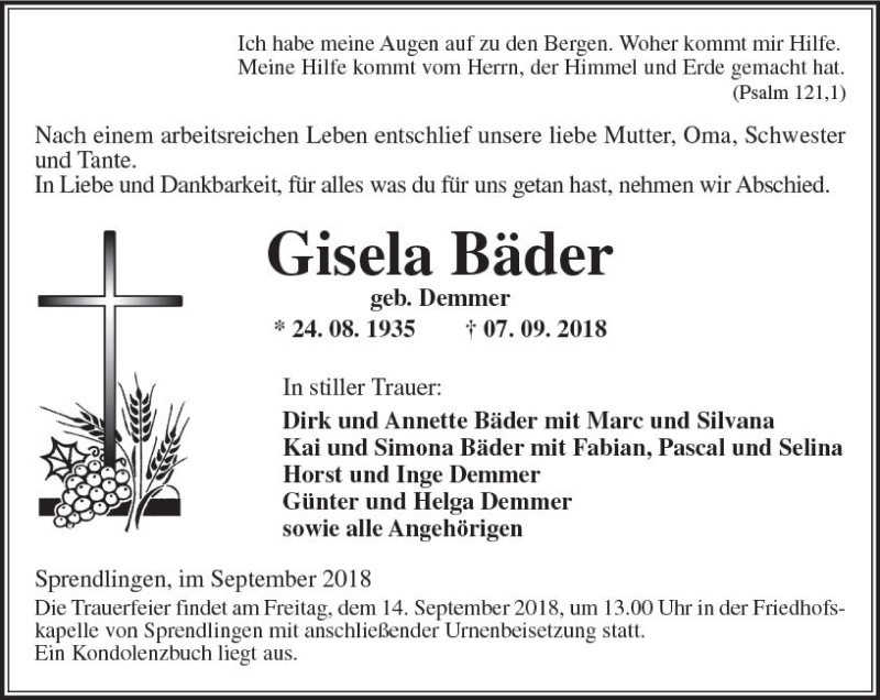  Traueranzeige für Gisela Bäder vom 11.09.2018 aus vrm-trauer