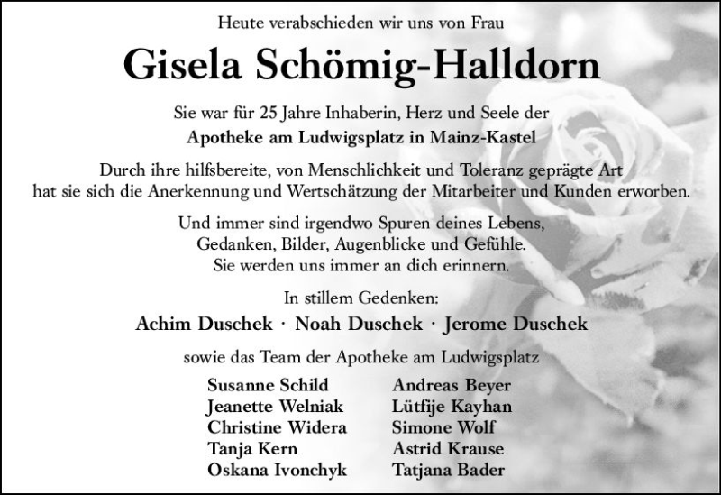  Traueranzeige für Gisela Schömig-Halldorn vom 29.09.2018 aus vrm-trauer