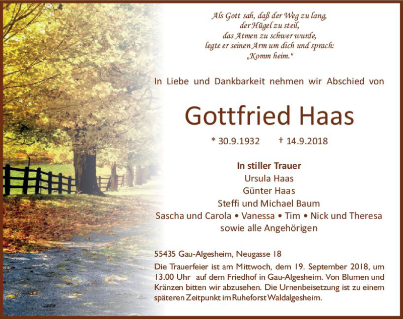  Traueranzeige für Gottfried Haas vom 17.09.2018 aus vrm-trauer