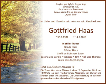 Traueranzeige von Gottfried Haas von vrm-trauer