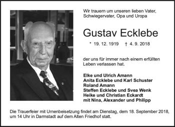 Traueranzeige von Gustav Ecklebe von vrm-trauer