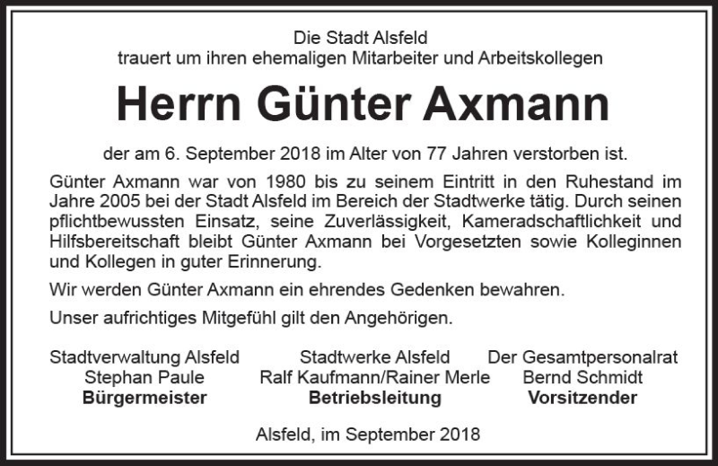  Traueranzeige für Günter Axmann vom 19.09.2018 aus VRM Trauer