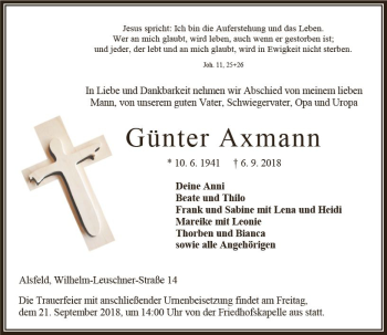 Traueranzeige von Günter Axmann von VRM Trauer