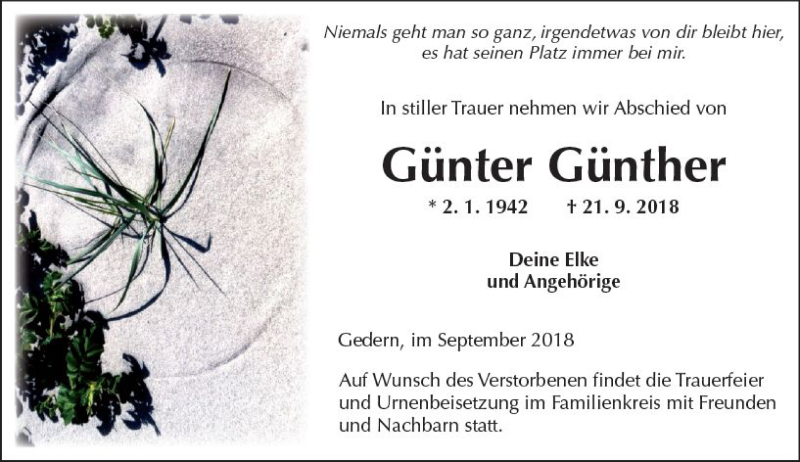  Traueranzeige für Günter Günther vom 29.09.2018 aus  Kreisanzeiger