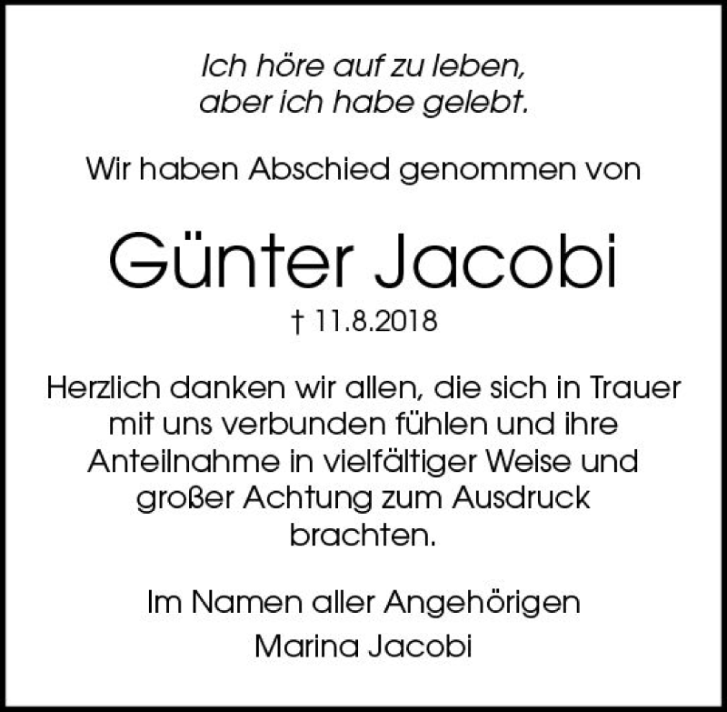  Traueranzeige für Günter Jacobi vom 08.09.2018 aus vrm-trauer