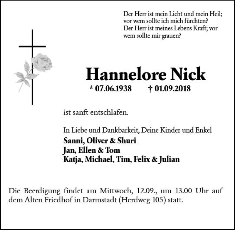  Traueranzeige für Hannelore Nick vom 06.09.2018 aus vrm-trauer