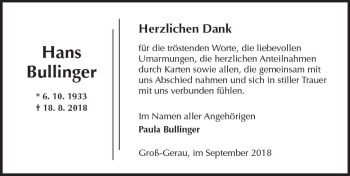 Traueranzeige von Hans Bullinger von vrm-trauer