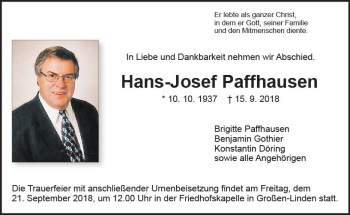 Traueranzeige von Hans-Josef Paffhausen von  Gießener Anzeiger
