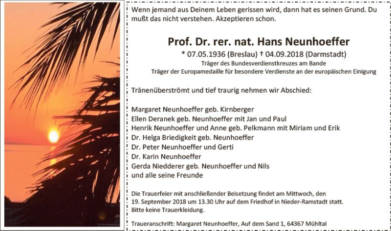  Traueranzeige für Hans Neunhoeffer vom 15.09.2018 aus vrm-trauer