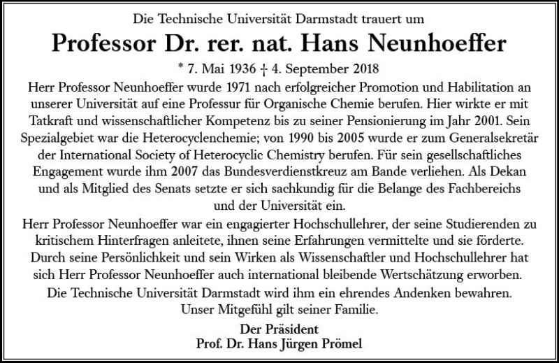  Traueranzeige für Hans Neunhoeffer vom 20.09.2018 aus vrm-trauer