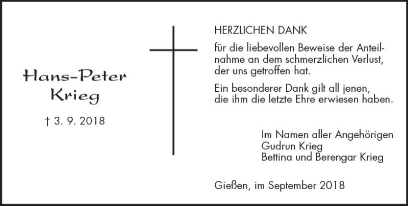  Traueranzeige für Hans-Peter Krieg vom 29.09.2018 aus  Gießener Anzeiger