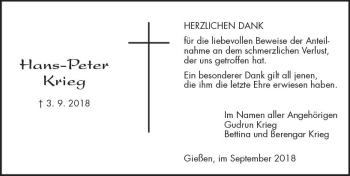 Traueranzeige von Hans-Peter Krieg von  Gießener Anzeiger