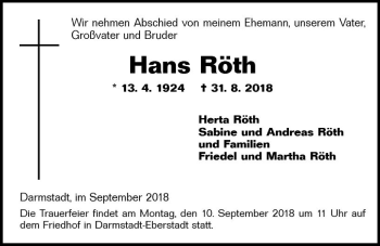 Traueranzeige von Hans Röth von vrm-trauer