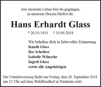 Traueranzeige von Hans Erhardt Glass von vrm-trauer