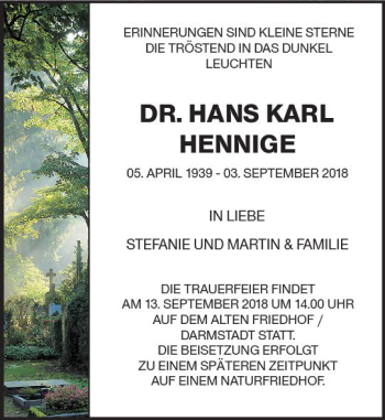 Traueranzeige von Hans Karl Hennige von vrm-trauer