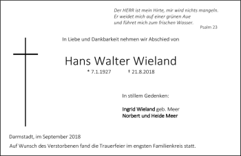 Traueranzeige von Hans Walter Wieland von vrm-trauer
