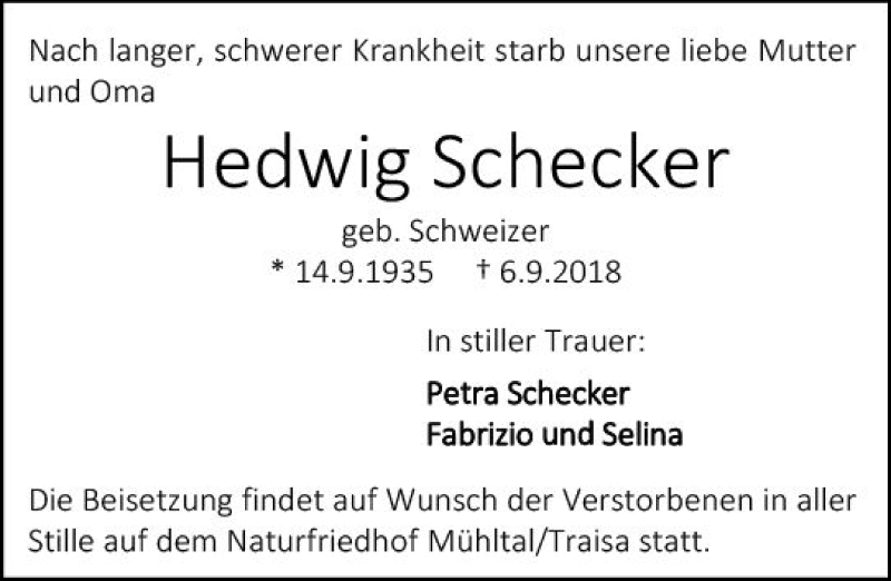  Traueranzeige für Hedwig Schecker vom 08.09.2018 aus vrm-trauer