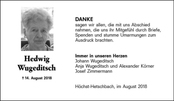 Traueranzeige von Hedwig Wugeditsch von vrm-trauer