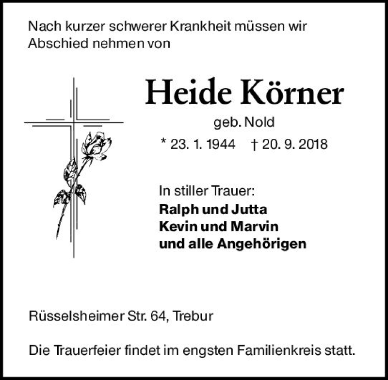  Traueranzeige für Heide Körner vom 26.09.2018 aus vrm-trauer
