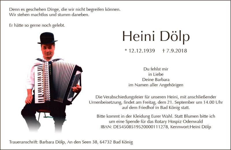  Traueranzeige für Heini Dölp vom 15.09.2018 aus vrm-trauer