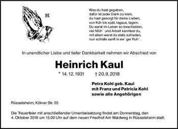 Traueranzeige von Heinrich Kaul von vrm-trauer
