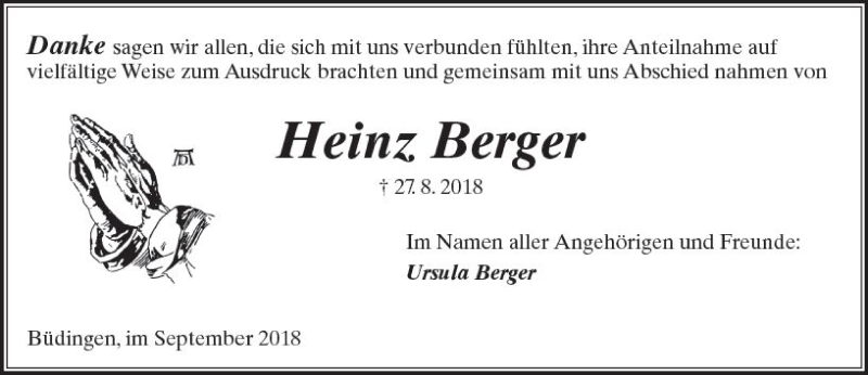  Traueranzeige für Heinz Berger vom 29.09.2018 aus  Kreisanzeiger