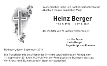 Traueranzeige von Heinz Berger von  Kreisanzeiger