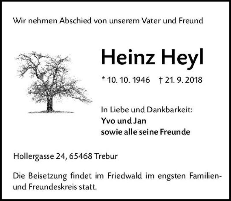 Traueranzeige für Heinz Heyl vom 26.09.2018 aus vrm-trauer