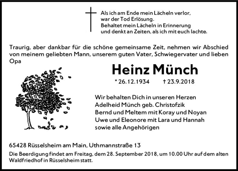  Traueranzeige für Heinz Münch vom 26.09.2018 aus vrm-trauer