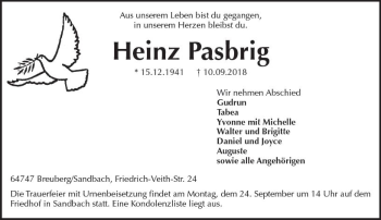 Traueranzeige von Heinz Pasbrig von vrm-trauer