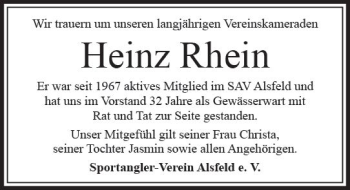 Traueranzeige von Heinz Rhein von VRM Trauer