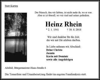 Traueranzeige von Heinz Rhein von VRM Trauer