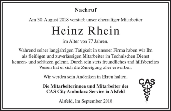 Traueranzeige von Heinz Rhein von VRM Trauer