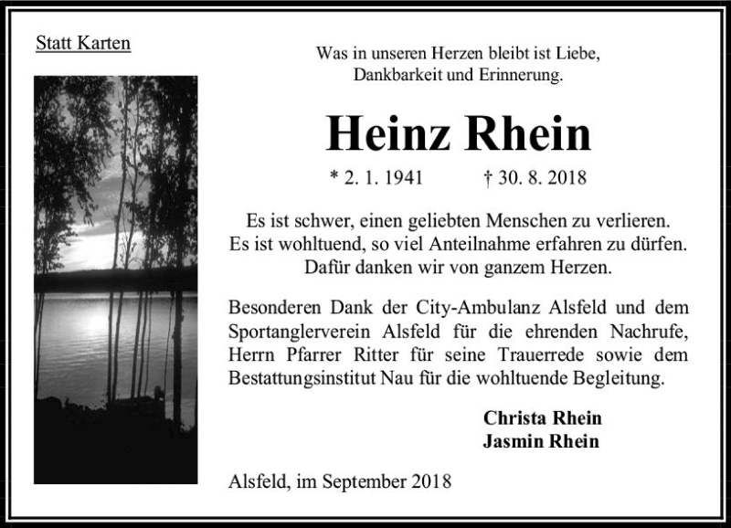  Traueranzeige für Heinz Rhein vom 29.09.2018 aus VRM Trauer