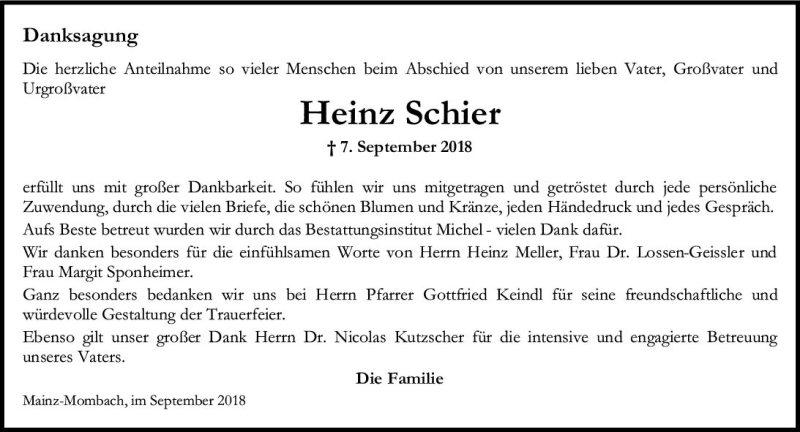  Traueranzeige für Heinz Schier vom 29.09.2018 aus vrm-trauer