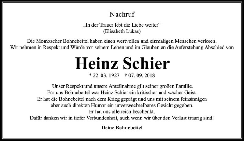  Traueranzeige für Heinz Schier vom 13.09.2018 aus vrm-trauer