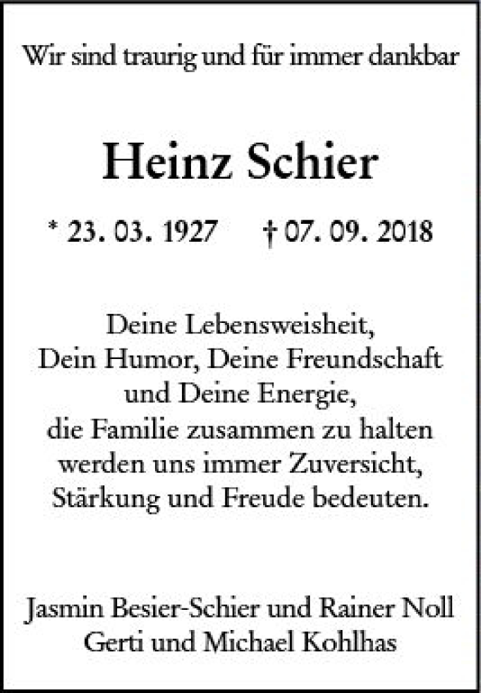  Traueranzeige für Heinz Schier vom 12.09.2018 aus vrm-trauer
