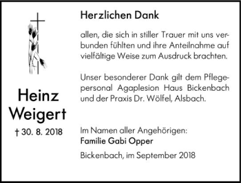 Traueranzeige von Heinz Weigert von vrm-trauer
