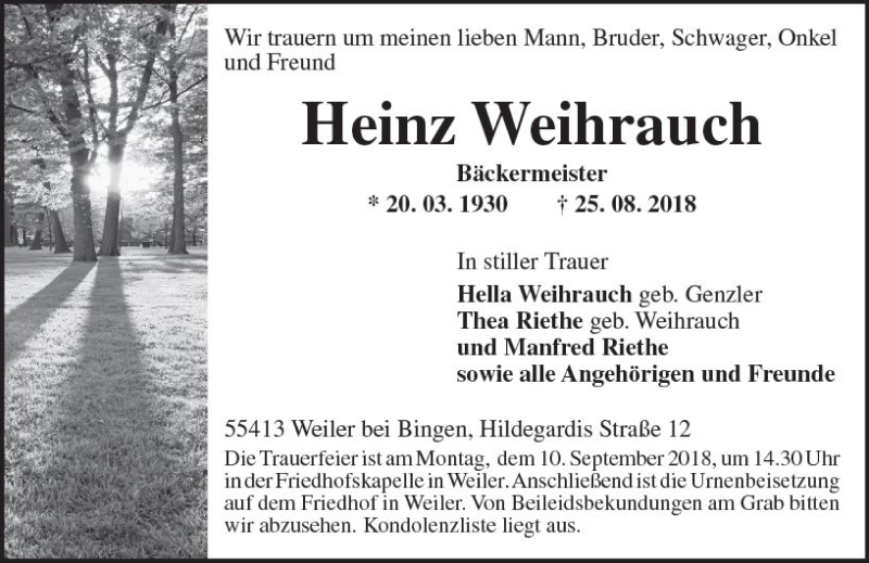  Traueranzeige für Heinz Weihrauch vom 05.09.2018 aus vrm-trauer