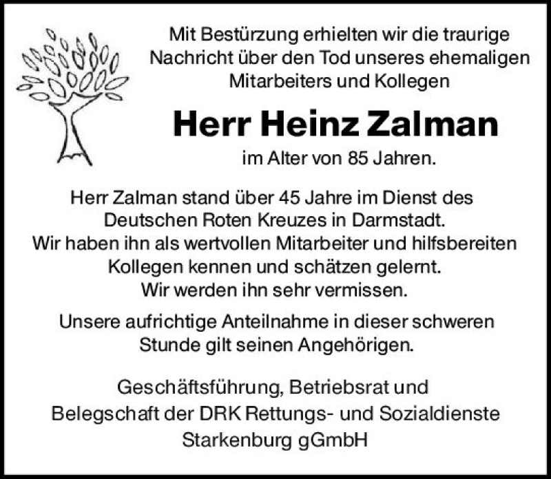  Traueranzeige für Heinz Zalman vom 26.09.2018 aus vrm-trauer