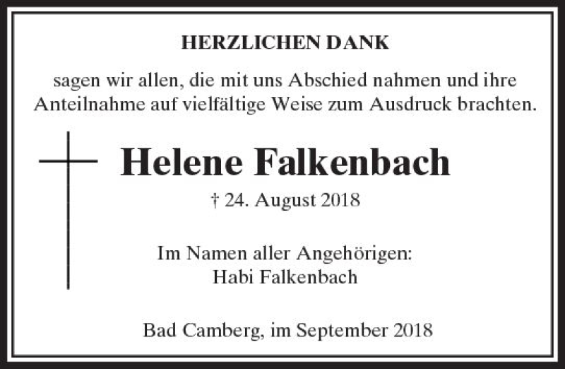  Traueranzeige für Helene Falkenbach vom 13.09.2018 aus  Camberger Anzeiger