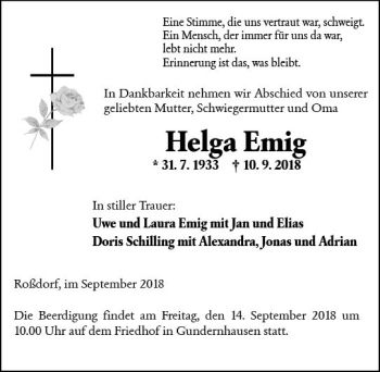 Traueranzeige von Helga Emig von vrm-trauer