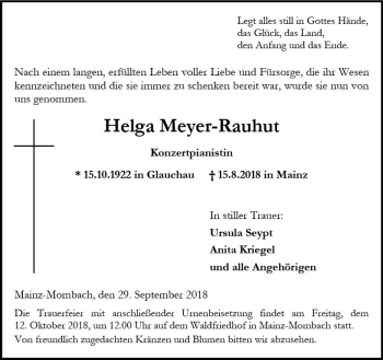 Traueranzeige von Helga Meyer-Rauhut von vrm-trauer