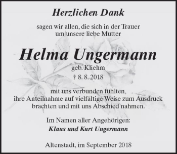 Traueranzeige von Helma Ungermann von  Kreisanzeiger