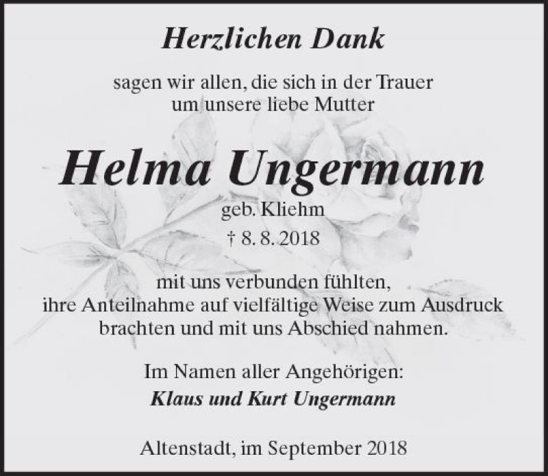  Traueranzeige für Helma Ungermann vom 08.09.2018 aus  Kreisanzeiger