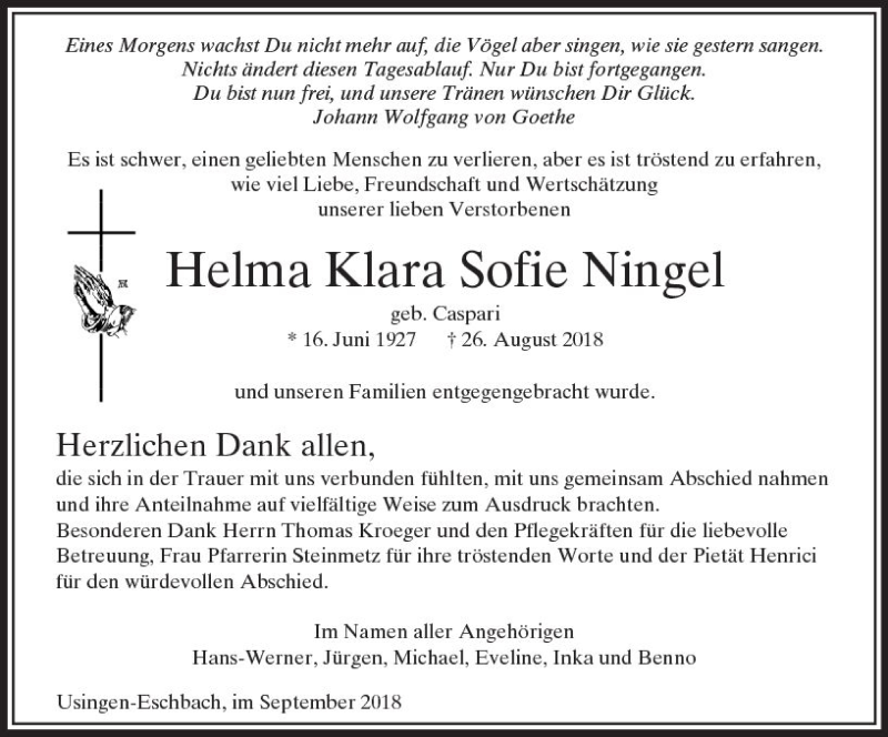  Traueranzeige für Helma Klara Sofie Ningel vom 15.09.2018 aus  Usinger Anzeiger