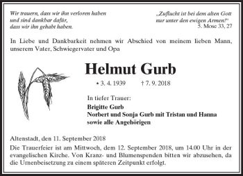 Traueranzeige von Helmut Gurb von  Kreisanzeiger