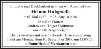 Traueranzeige von Helmut Hohgraefe von  Usinger Anzeiger