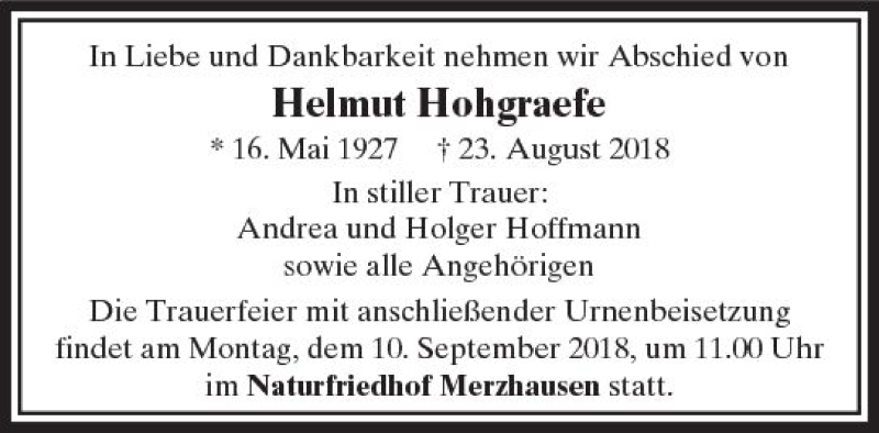  Traueranzeige für Helmut Hohgraefe vom 06.09.2018 aus  Usinger Anzeiger