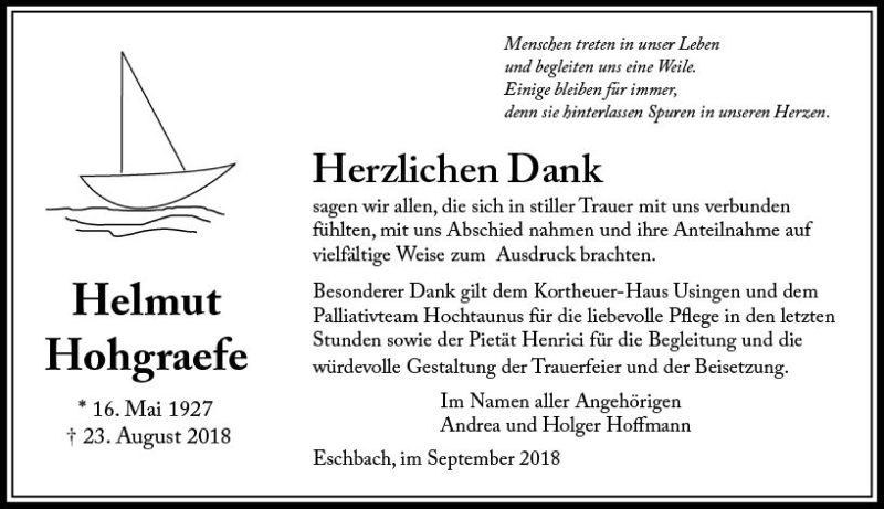  Traueranzeige für Helmut Hohgraefe vom 29.09.2018 aus  Usinger Anzeiger